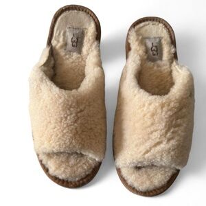 UGG Fluffy Sheepskin Slides in Cream and Brown